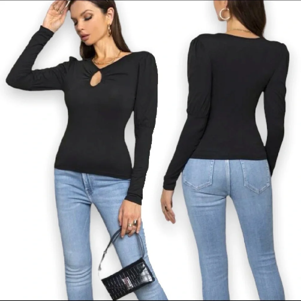 New Boho Solid Black Cutout Ruched Exaggerated Puff Sleeve Blouse Fitted Tee - Picture 1 of 9